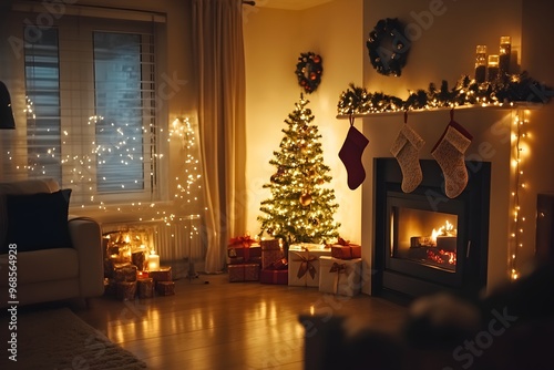 Christmas Preparations - Festive Home Decoration - Living room adorned with Christmas lights, stockings, and a glowing fireplace