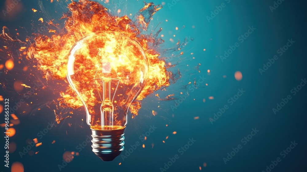 A light bulb breaking apart in a burst of flames, rendered in 3D on a vibrant blue background, symbolizing power and energy. A light bulb breaking apart in a burst of flames, rendered in 3D on a vibrant blue background, symbolizing power and energy.