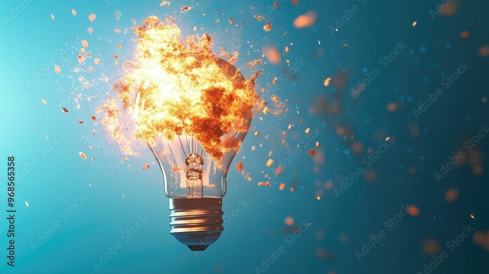 A light bulb breaking apart in a burst of flames, rendered in 3D on a vibrant blue background, symbolizing power and energy. A light bulb breaking apart in a burst of flames, rendered in 3D on a vibrant blue background, symbolizing power and energy.
