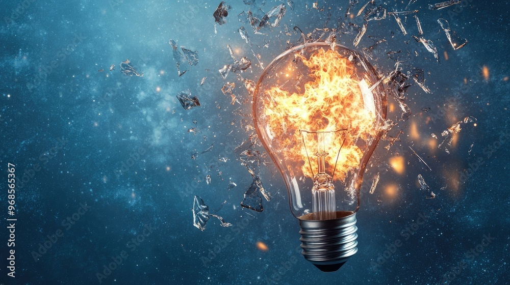 A light bulb erupting with flames and glass shards flying, isolated on a blue background, representing innovation and chaos. A light bulb erupting with flames and glass shards flying, isolated on a blue background, representing innovation and chaos.