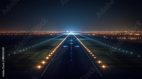 A long, dark runway at night, with distant lights glowing softly under the night sky, creating a quiet and atmospheric view