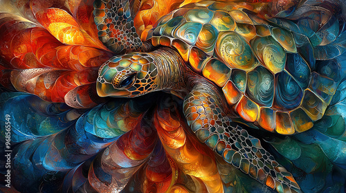  A multi-hued turtle patterned on its shell, and a centralized turtle head in the image photo