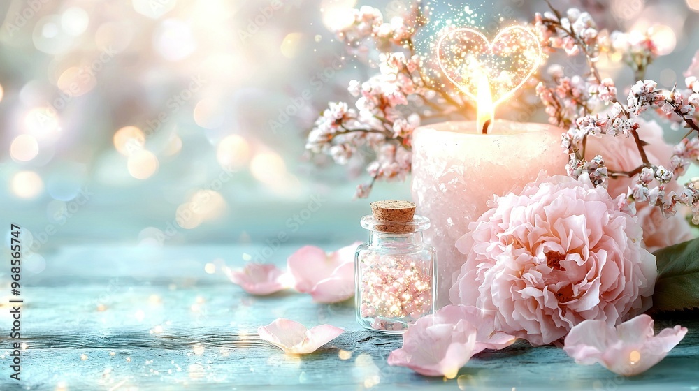 A close-up shot of a candle surrounded by flowers and topped with a heart A close-up shot of a candle surrounded by flowers and topped with a heart