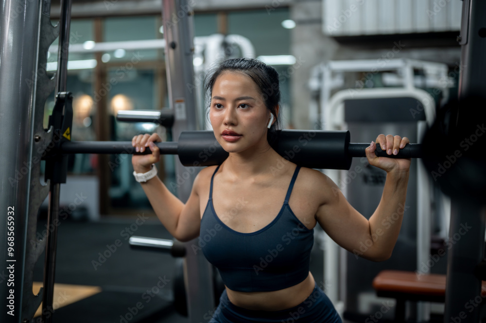 A sporty Asian woman in athletic wear is performing squats on the Smith machine at the gym. A sporty Asian woman in athletic wear is performing squats on the Smith machine at the gym.