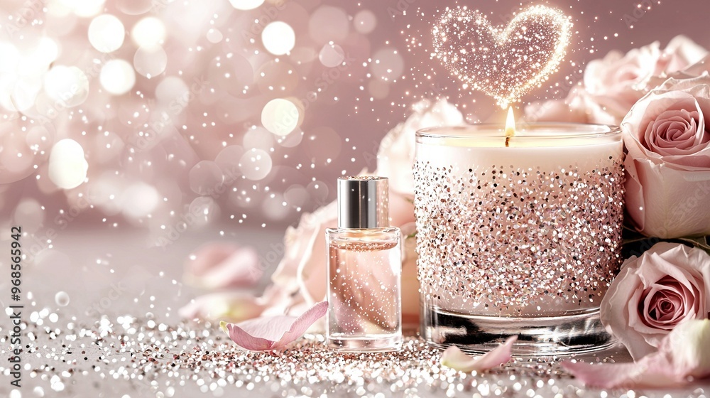 A heart-topped candle rests beside a vase with roses and a bottle of perfume on a table A heart-topped candle rests beside a vase with roses and a bottle of perfume on a table