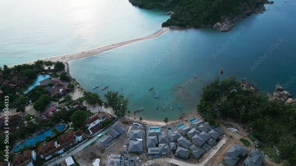 Aerial waterfront resort in Ko Pha Ngan or Koh Phangan Island in Gulf of Thailand , Koh Nang Yuan white sand beach