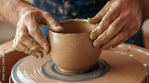 Hands of potter making clay pot Close up process shot of a potters hands shaping clay on a pottery wheel