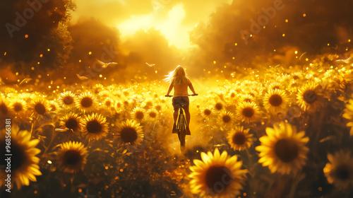 a woman cycles joyfully through a sunflower filled field, the golden sunset casting long shadows photo