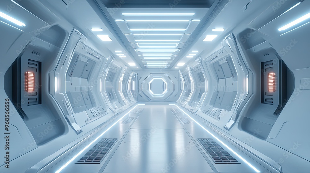 A sleek, high-tech futuristic spacecraft corridor with multifunctional space-age materials and glowing lights, evoking advanced technology A sleek, high-tech futuristic spacecraft corridor with multifunctional space-age materials and glowing lights, evoking advanced technology