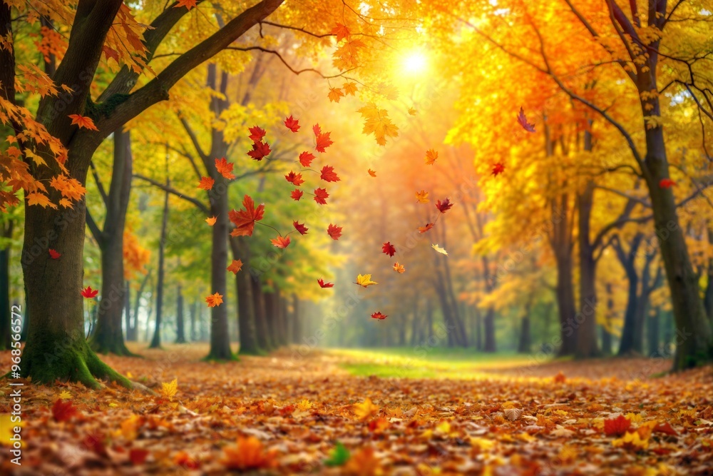 Fototapeta premium Golden and red leaves falling in autumn forest with sunlight