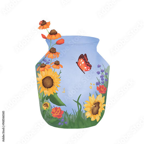 Jar with summer inside: sunflowers, red daisies, butterflies, marigolds, grass and lavender color illustration in satl watercolor and digital for printing and web photo