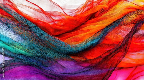  A close-up of a vibrant scarf on a pure white backdrop, showcasing the intricate design featuring red, orange, blue, green, yellow, pink, purple,