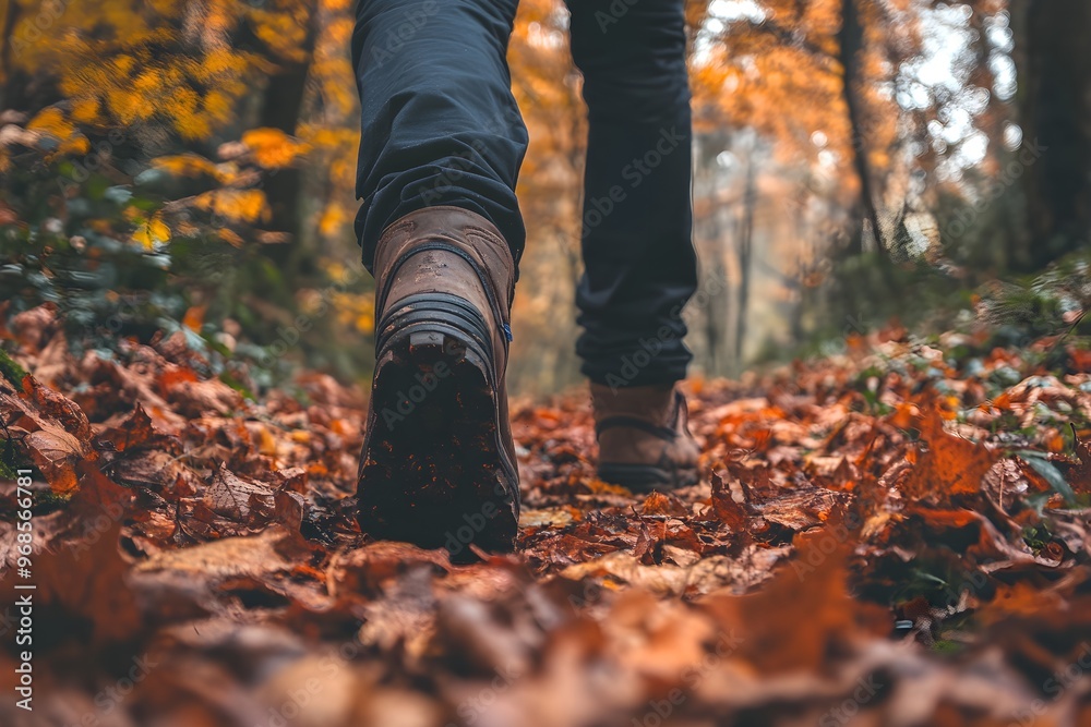 Man hiking on a trail covered in a blanket of fallen leaves - Autumn Adventure Man hiking on a trail covered in a blanket of fallen leaves - Autumn Adventure