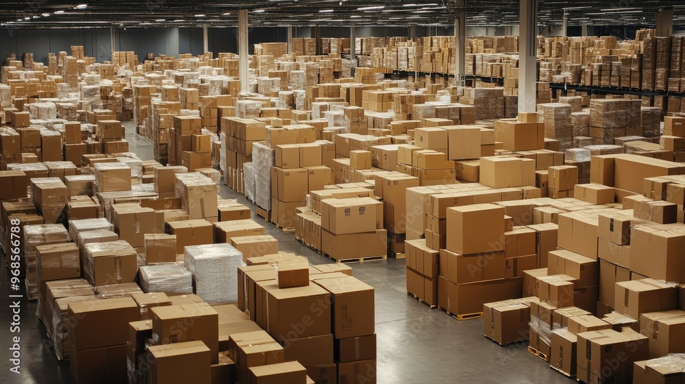 A spacious warehouse filled with stacked cardboard boxes, ready for distribution and shipping, representing efficient logistics A spacious warehouse filled with stacked cardboard boxes, ready for distribution and shipping, representing efficient logistics
