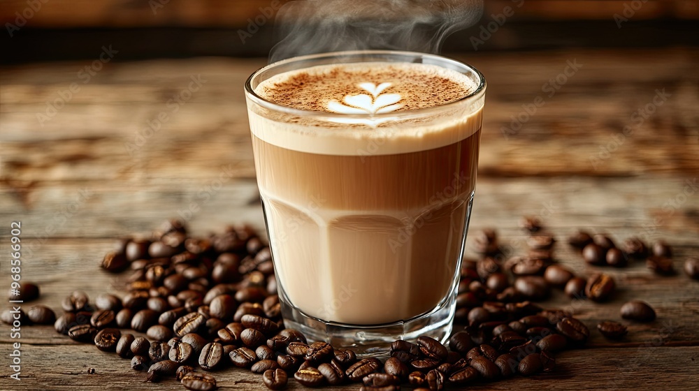 A steaming glass of latte with creamy froth on top, surrounded by roasted coffee beans on a wooden surface, perfect for a morning coffee scene A steaming glass of latte with creamy froth on top, surrounded by roasted coffee beans on a wooden surface, perfect for a morning coffee scene
