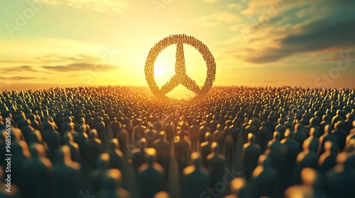 Peace Symbol Formed by People at Sunset photo