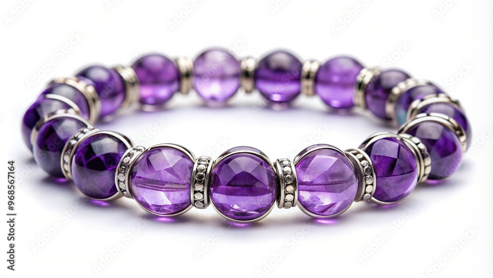 transparent, mindfulness, table, luxury, bracelet, Amethyst gemstone bracelet with a symmetrical design featuring a purple or violet crystal stone placed on a clean white background transparent, mindfulness, table, luxury, bracelet, Amethyst gemstone bracelet with a symmetrical design featuring a purple or violet crystal stone placed on a clean white background