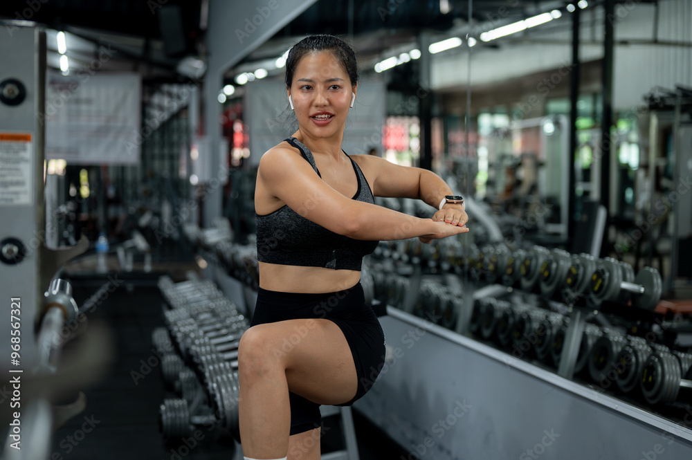 Fototapeta premium An athlete Asian woman in sportswear is stretching her body before workout at the gym.