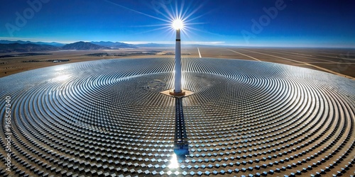 A view from the top of an asymmetrical concentrated solar power tower against a black background, sunlight, asymmetrical, electricity, sustainable, environmental, top view, tower photo