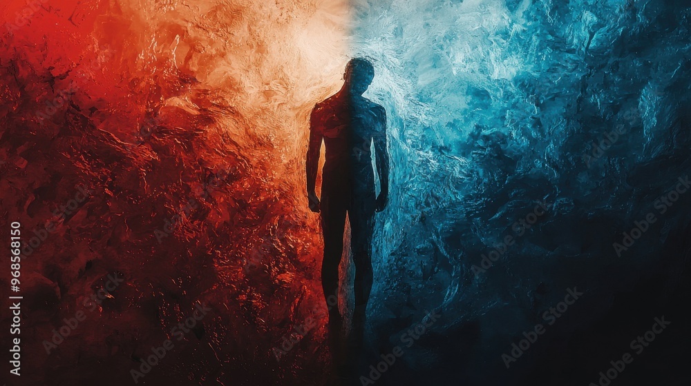 Fototapeta premium Silhouette of a person in front of contrasting red and blue smoky backgrounds, depicting the contrast between fire and ice.