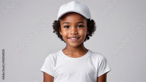 Little black girl with short hair wearing white t-shirt and white baseball cap isolated on grey background