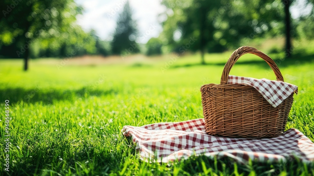 An empty picnic basket with a checkered tablecloth spread on lush green grass, set against a peaceful meadow landscape. An empty picnic basket with a checkered tablecloth spread on lush green grass, set against a peaceful meadow landscape.