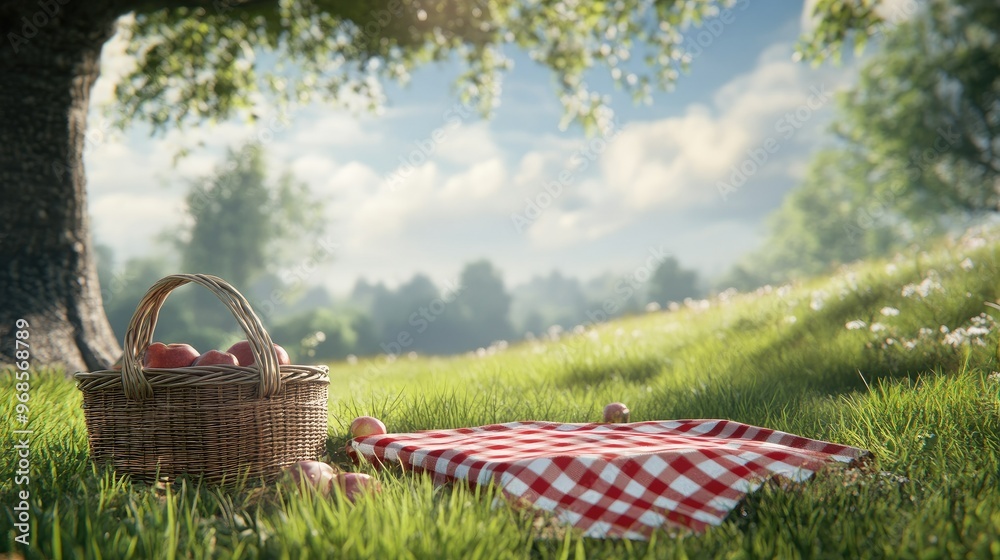 An empty picnic basket with a red and white tablecloth on a lush green meadow, set against a peaceful landscape background. An empty picnic basket with a red and white tablecloth on a lush green meadow, set against a peaceful landscape background.