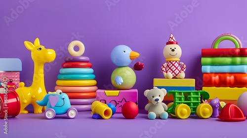 Set of different toys on purple background