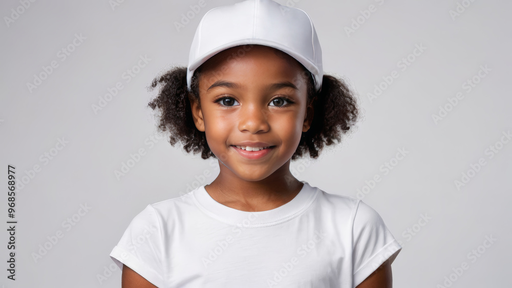 Little black girl with short hair wearing white t-shirt and white baseball cap isolated on grey background Little black girl with short hair wearing white t-shirt and white baseball cap isolated on grey background