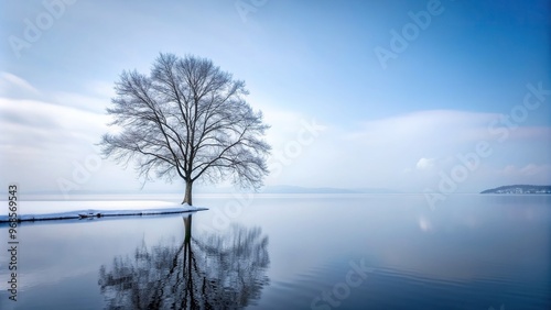 scenery, reflection, tree, solitude, nature, winter, tranquility, cold, A solitary tree stands tall on a serene snow covered lake in winter creating a mesmerizing lonely landscape