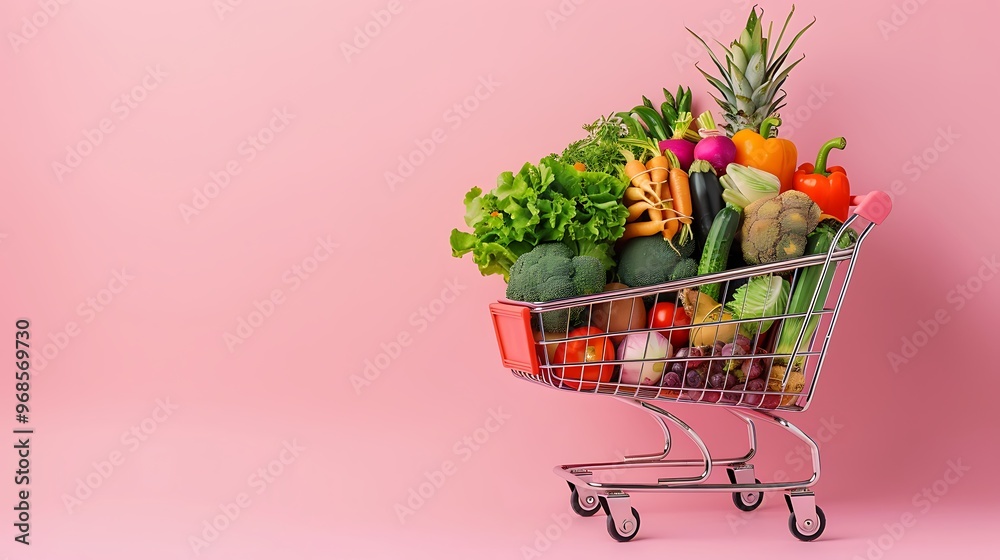 Shopping cart full of fresh vegetables fruits and groceries on pink background Shopping cart full of fresh vegetables fruits and groceries on pink background