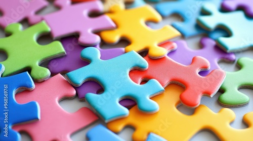 Brightly colored puzzle pieces in different shades and sizes, scattered randomly on a plain white background, ready to be assembled