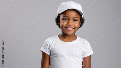 Little black girl with short hair wearing white t-shirt and white baseball cap isolated on grey background