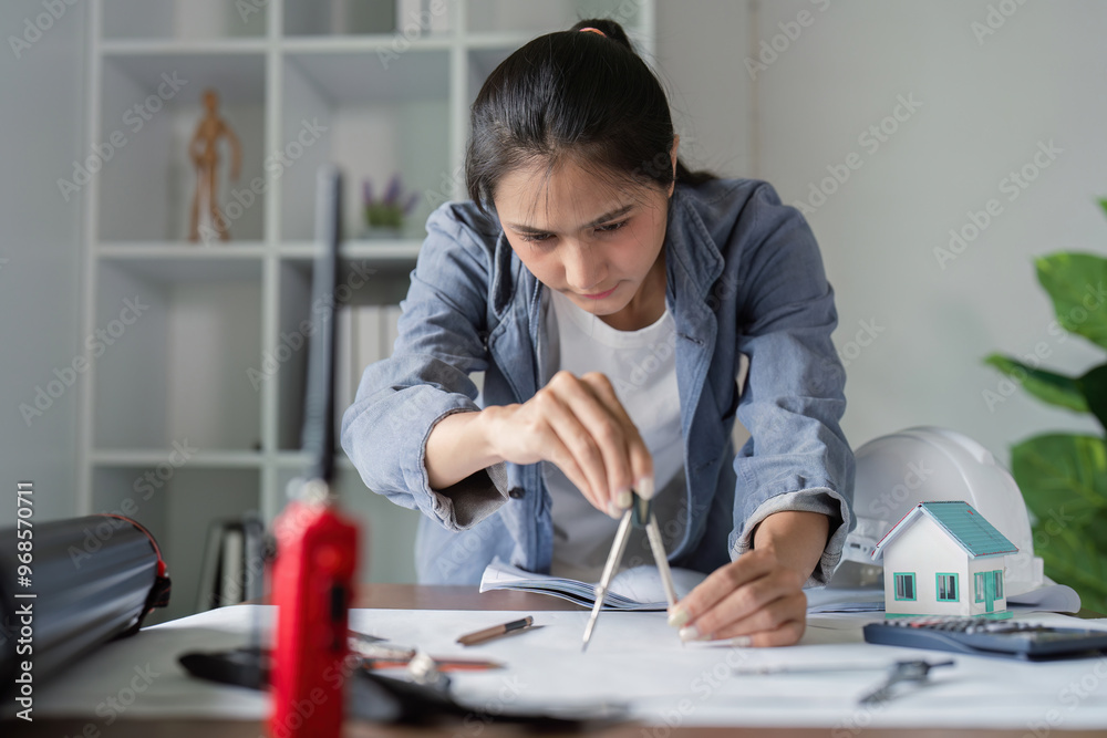 Engineer using compass for architectural drafting in office Engineer using compass for architectural drafting in office