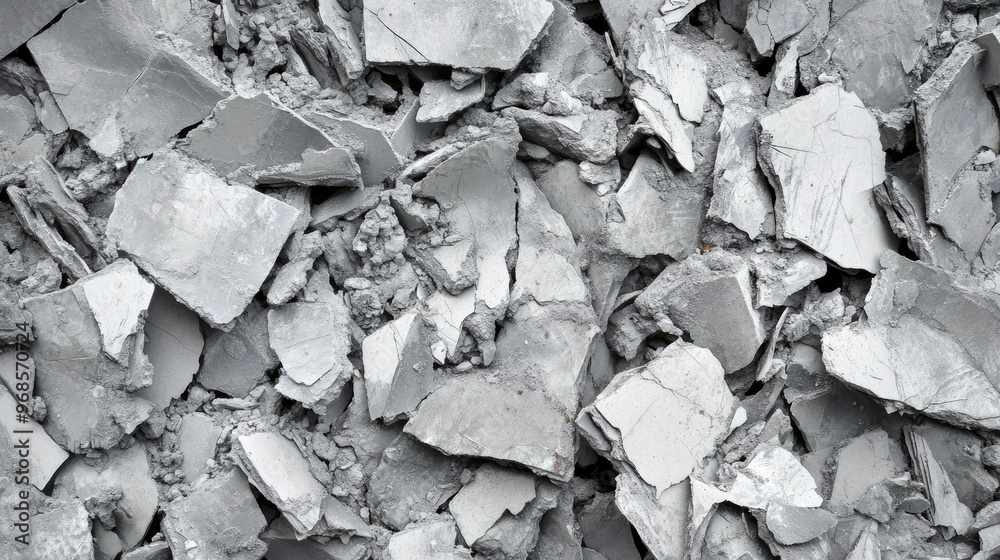 Close-up of a pile of cracked and shattered concrete debris, with sharp, jagged edges, representing destruction or a construction site Close-up of a pile of cracked and shattered concrete debris, with sharp, jagged edges, representing destruction or a construction site