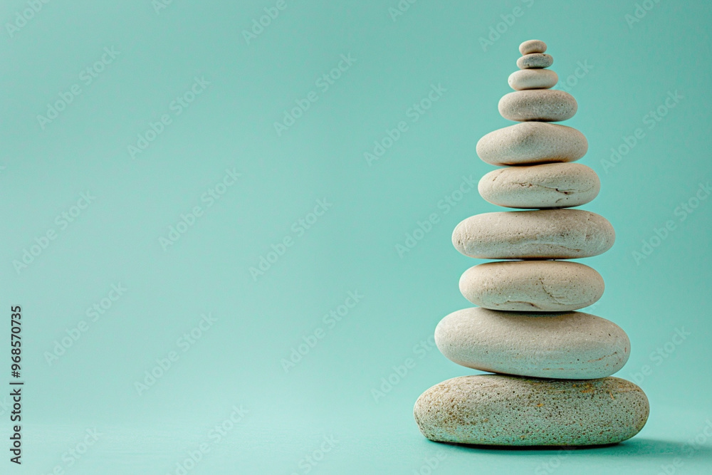 Obraz premium Pebble tower balance harmony pyramid stones arrangement on calm green relaxing background. Simple poise stones, simplicity harmony and balance, rock zen sculptures concept