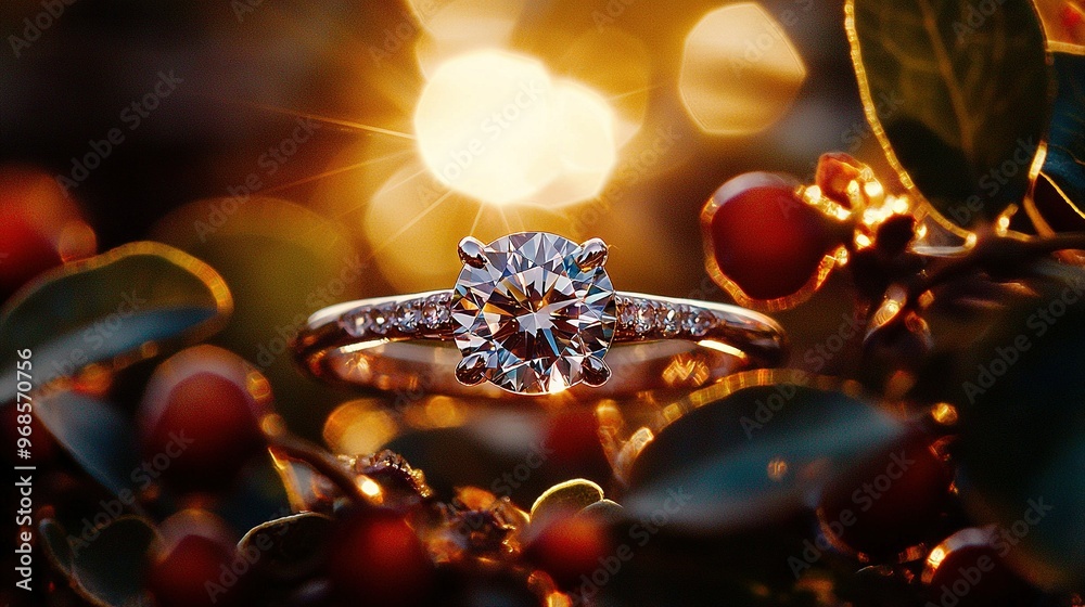 Close-up of a ring with diamond atop a bush of berries; sun shining background Close-up of a ring with diamond atop a bush of berries; sun shining background