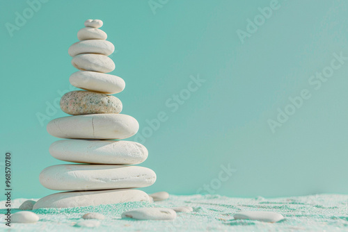 Simple poise stones, simplicity harmony and balance, rock zen sculptures concept. Pebble tower balance harmony pyramid stones arrangement on calm green relaxing background photo