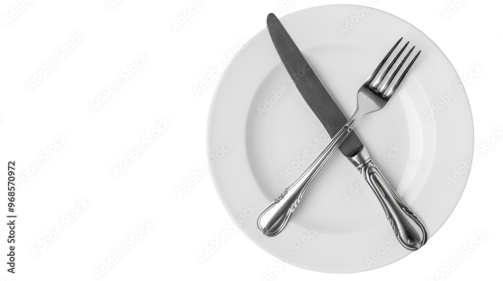 Fork and knife crossed on white plate on transparent background Fork and knife crossed on white plate on transparent background