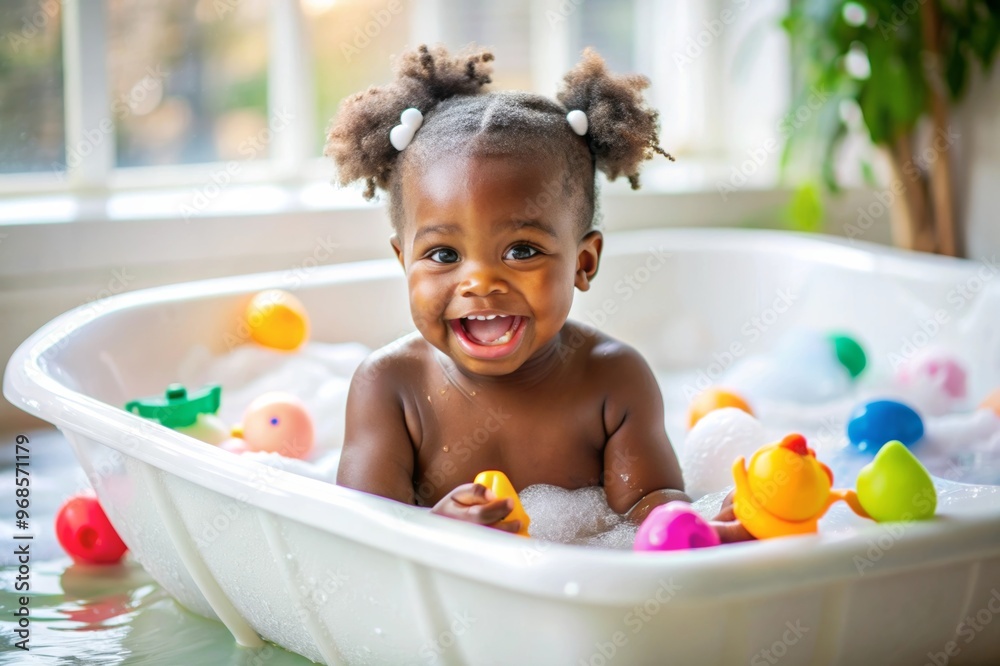 African descent kid enjoying bath tub. Bathing without tears. cute emotional baby is engaged in hygiene procedures, smiling. disinfection, prevention against diseases and viruses African descent kid enjoying bath tub. Bathing without tears. cute emotional baby is engaged in hygiene procedures, smiling. disinfection, prevention against diseases and viruses