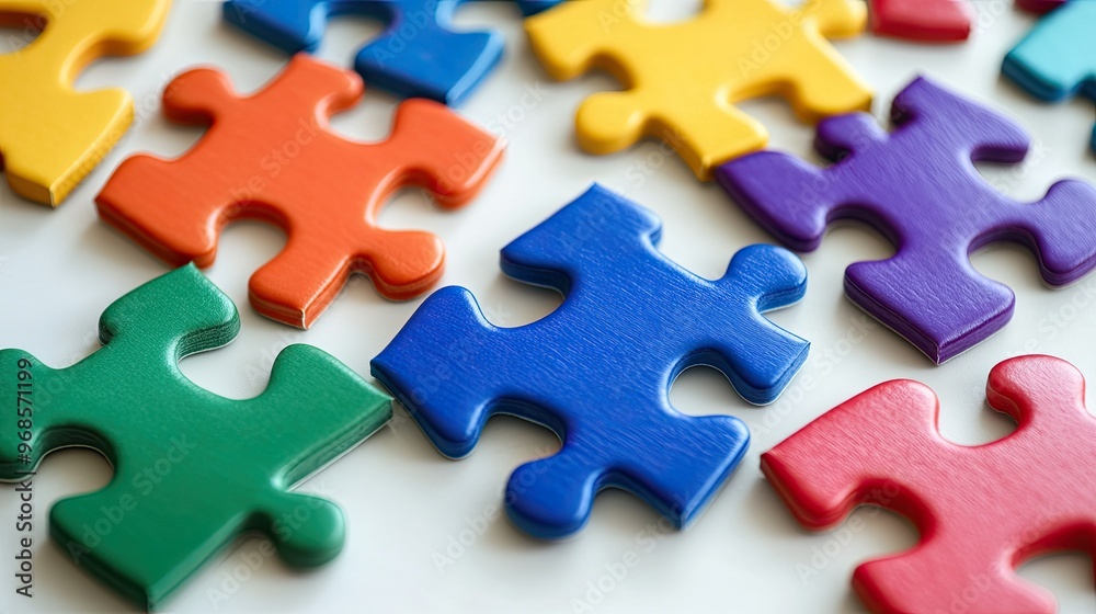 Close-up of colorful interlocking puzzle pieces in various shapes, spread across a white surface, symbolizing creativity and problem-solving Close-up of colorful interlocking puzzle pieces in various shapes, spread across a white surface, symbolizing creativity and problem-solving