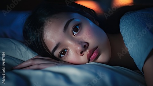 Close-up of a young Asian woman lying in bed, wide awake at midnight, struggling with insomnia, dark circles under her eyes. photo