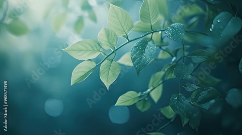 Close-up of green leaves thriving against an otherworldly, ethereal background, symbolizing the beauty of growth and nature's mystery.