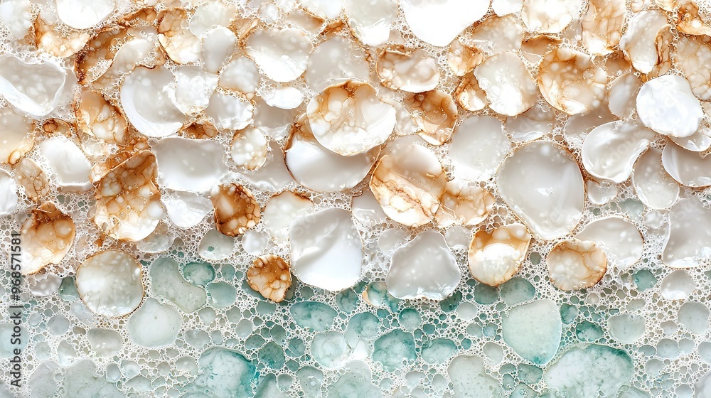 A clear close-up of water bubbles with a brown and white substance between them on a smooth surface A clear close-up of water bubbles with a brown and white substance between them on a smooth surface