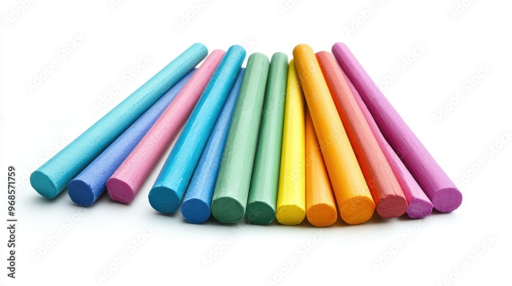 Colorful chalk sticks in an array of bright shades, arranged on a white background, symbolizing fun and creative expression Colorful chalk sticks in an array of bright shades, arranged on a white background, symbolizing fun and creative expression