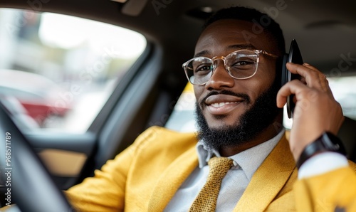 Businessman Talking on Phone in Car, Cityscape Background photo