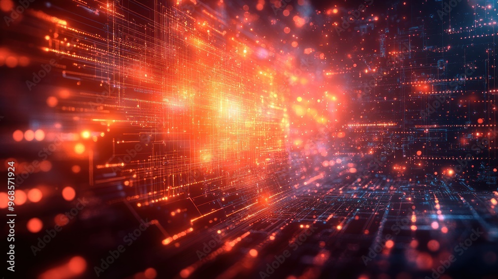 Fototapeta premium Abstract digital landscape with glowing lines and particles.