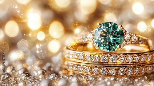  A close-up shot of two gold rings featuring a green diamond in one and a white diamond in the other