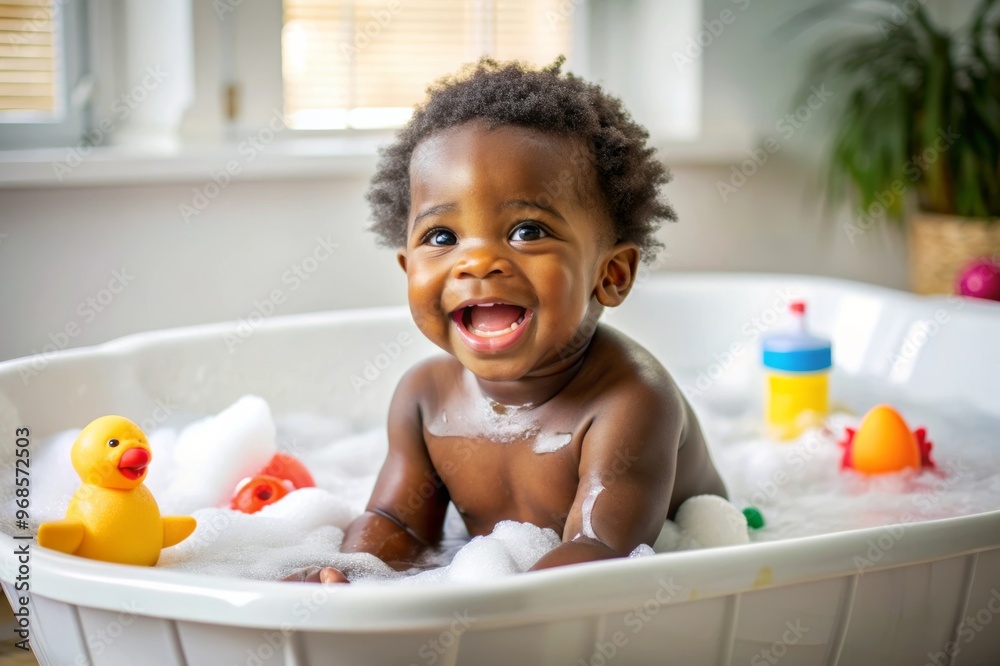 African descent kid enjoying bath tub. Bathing without tears. cute emotional baby is engaged in hygiene procedures, smiling. disinfection, prevention against diseases and viruses African descent kid enjoying bath tub. Bathing without tears. cute emotional baby is engaged in hygiene procedures, smiling. disinfection, prevention against diseases and viruses