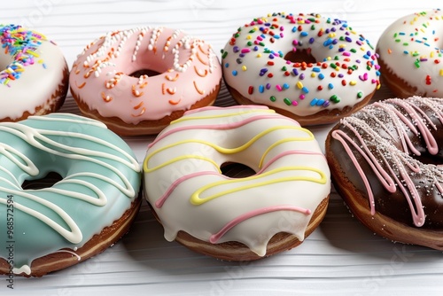 Colorful donuts with various frosted toppings arranged neatly on a white wooden surface, perfect for dessert lovers.